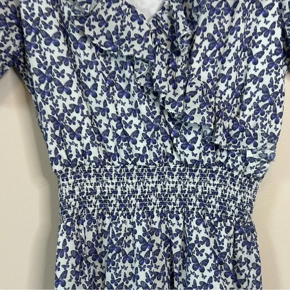 Sundays Blue Butterfly Pattern V-Neck Smocked Mini Dress Size Small